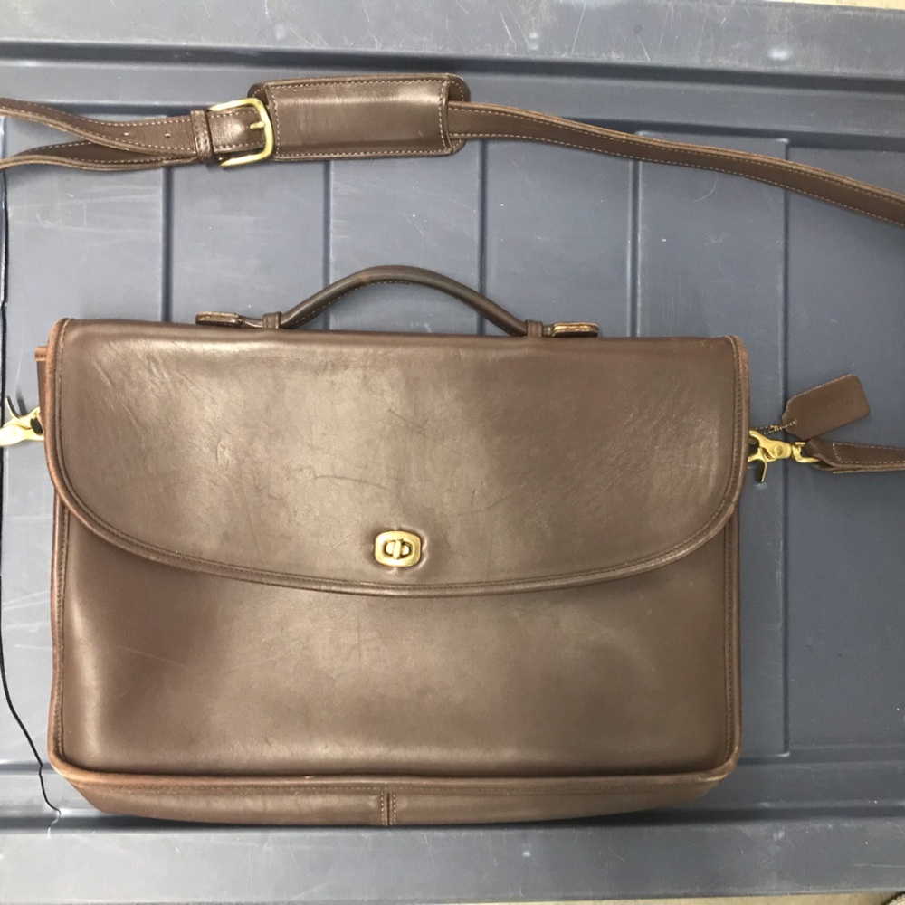Coach Brown Leather Laptop Bag with Adjustable Strap and Front Flap